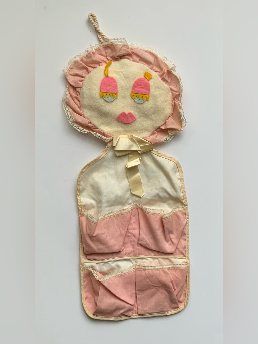 Vintage 70s Kids Pink Doll Face Hanging Organizer